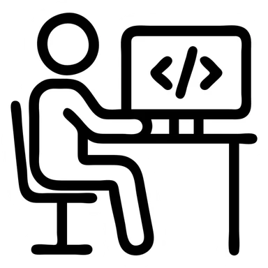 icon of a software engineer sitting at a desk with a computer, minimalist line style sticker