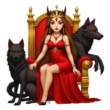 Caramel skin toned Lilith symbol seductress evil brown straight long hair haired, sexy succubus woman with red and black Chanel dress sitting on a Black and gold throne. A large black wolf laying beside he sticker
