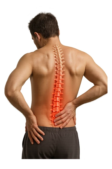 uomo con spina dorsale anatomica visibile che si massaggia la schiena perché gli fa male, iperrealistico 4k sticker