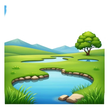 sunny landscape with green grass, blue sky, and a small pond sticker