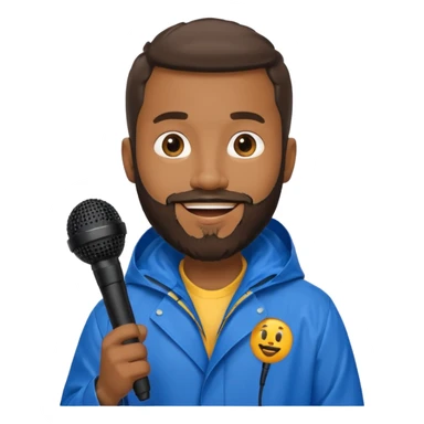 bearded black man with rain coat and microphone sticker