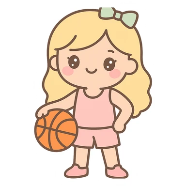 blonde white female basketball player wearing pastel pink basketball uniform holding orange basketball on hip smiling kawaii style no text sticker