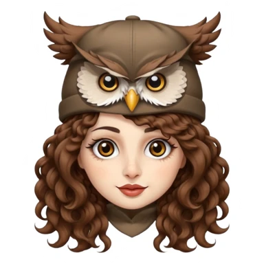 portrait woman long curly brown hair brown eyes white skin tattoos wearing owl hat oversized, playful wink sticker