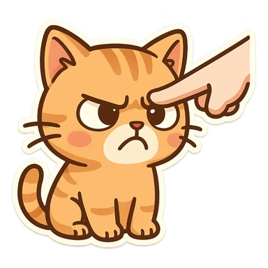 A finger points at the cat's head, and the cat's expression is angry and dissatisfied sticker