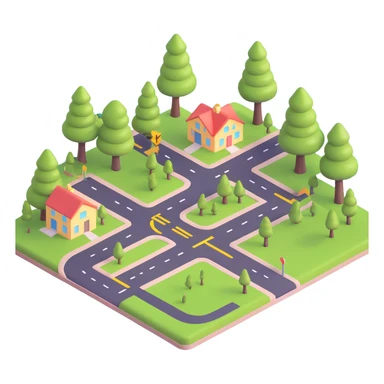 English learning material: 3D emoji style illustration of common places in town, labeled, with a road and trees sticker