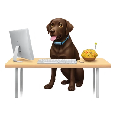 Chocolate lab working on computer with small headset , food on desk sticker
