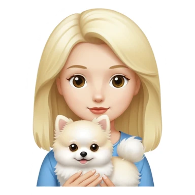 A blonde woman holding a white Pomeranian sticker