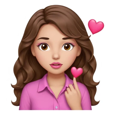 girl with long wavy brown hair, brown eyes, light to medium complexion, in a pink shirt, pink lips, long lashes, sexy , puckering, blushing, kissing a heart sexy sticker