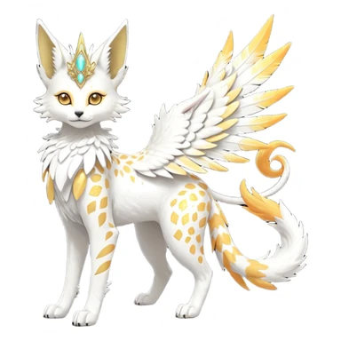 Epic complex fantasy glorious detailed futuristic divine godly angelic feathery sunny, white, albino, pastel, golden, orange glowing sparkly, realistic Fakémon-Sprigatito-Floragato-Meowscarada-Trico-Sergal-Serval-Solgaleo-Vernid-creature (full body) solarpunk, shiny sparkly with a gold laurel sticker
