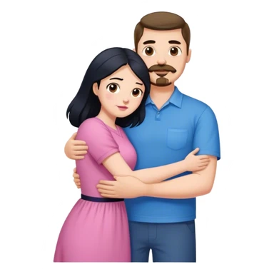 Tall strong white man with brown mustache goatee wearing blue hugging a chubby short pale woman with long black hair wearing pink sticker