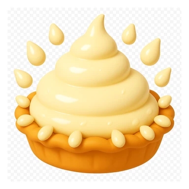 Frame 11 of 15: Cream pie with ten cream droplets, playful 3D emoji style, golden brown crust, same angle as reference sticker