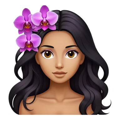 Upclose, black long hair tanned woman, orchid flowers in hair  sticker