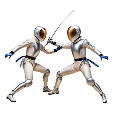Two fencers in full protective gear duel on a professional piste, their foils clashing in mid-air. The background features a dynamic blur, symbolizing speed and precision. The scene is illuminated by bright arena lights, emphasizing the intensity of the match. Transparent background. sticker