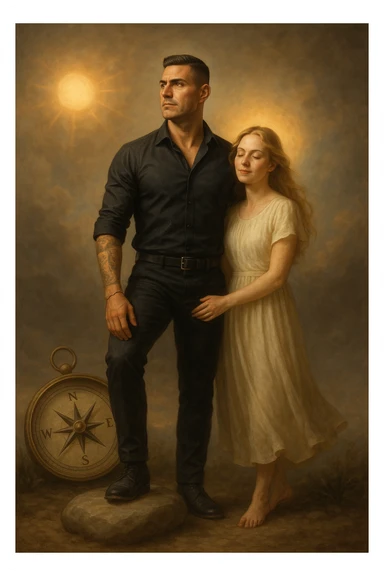 Uomo tra i 35 e i 45 anni in piedi accanto alla sua compagna, in uno spazio calmo e simbolico. Lui guarda avanti con sguardo deciso, postura ferma, braccia rilassate ma solide, mentre la donna al suo fianco si sente protetta e leggera, con un’espressione serena. Intorno all’uomo, simboli di direzione e stabilità (bussola, luce calda, pietra solida sotto i piedi). La donna ha una luce morbida attorno, come se fosse alleggerita dalla presenza maschile. Ambientazione naturale o metaforica. Stile realistico, con tocchi simbolici. Tono calmo, profondo, ispirazionale sticker