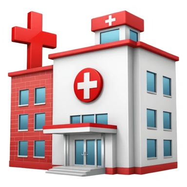 A hospital building with a red +. In PNG format. sticker