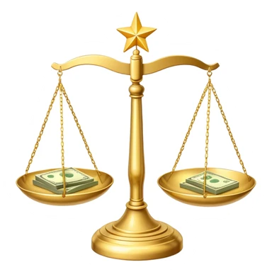 A shiny gold balance scale with dollar bills on the left side and three stars on the right side sticker