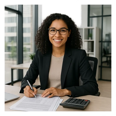 modern accountant, smiling, sitting at a desk with paperwork, modern office setting sticker