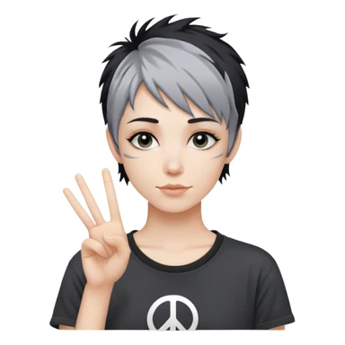 pixie shag hair black with streaks of gray, dark T-shirt with a peace sign  sticker