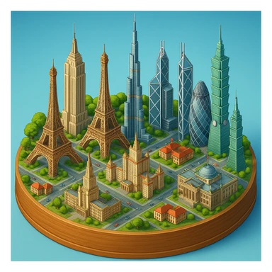 Оставь основу картинки - деревянную подставку, но при этом сгенерируй изометричная, яркая, детализированная и фотореалистичная иллюстрация где будет самые узнаваемые здания мира Эмпайр Стейт Билдинг, Эйфелева башня, здание МГУ, Бурдж-Халифа, Башни Петронас, Небоскрёб Фостера в Лондоне, Рейхстаг, Тайбэй sticker