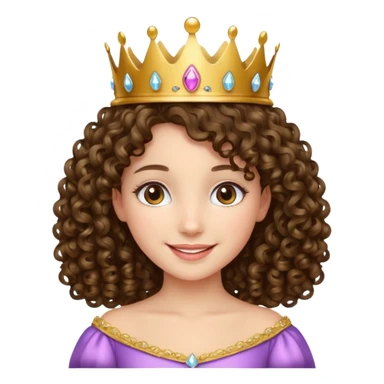A brunette curly hair girl with a princess crown smiling gently. sticker
