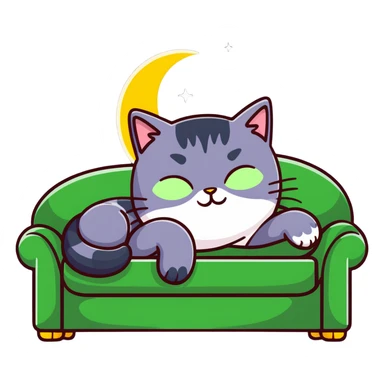 tricolor fluffy cat with big green eyes sleeping on a sofa with a moon above her sticker