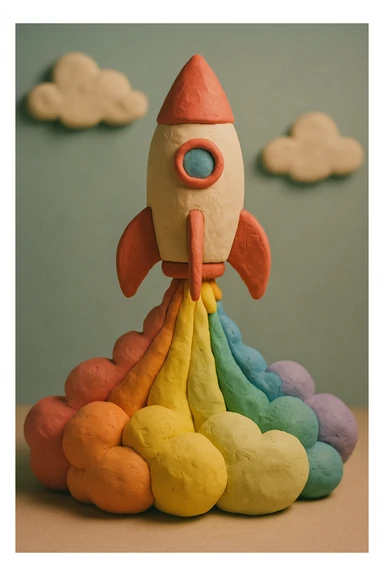 rocket ship blasting off with colorful smoke, matte finish, pastel colors, visible fingerprints, claymation style, classic red and white rocket, rainbow smoke sticker