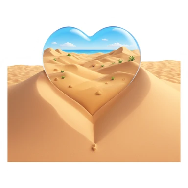 heart-shaped transparent emoji with only sand dunes inside, no cactus or plants, realistic glass and sand sticker