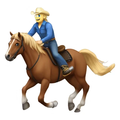 Sorrel horse with white blaze running around a barrel. Tack is all blue. Wearing a blue fringe breast collar. Rider is wearing a black top with blue jeans and boots. Rider has dirty blonde hair and blue eyes sticker
