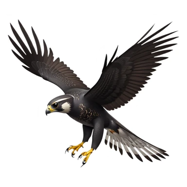 cinematic-peragrin falcon-realistic-full-body-diving-emoji,-sleek-aerodynamic-frame-plummeting-through-the-air-with-lightning-speed,-razor-sharp-talons-poised-for-the-strike,-feathered-wings-angled-for-maximum-precision,-keen-dark-eyes-locked-onto-its prey, white underside with black dotted feathers sticker