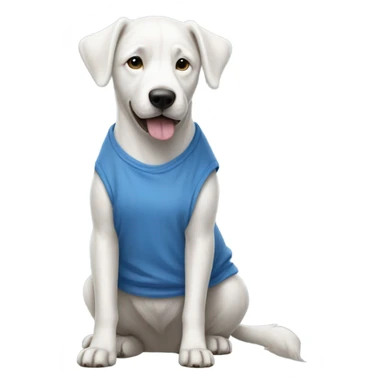 A fully white dog with a blue tank-top also with blue baggy jeans sticker