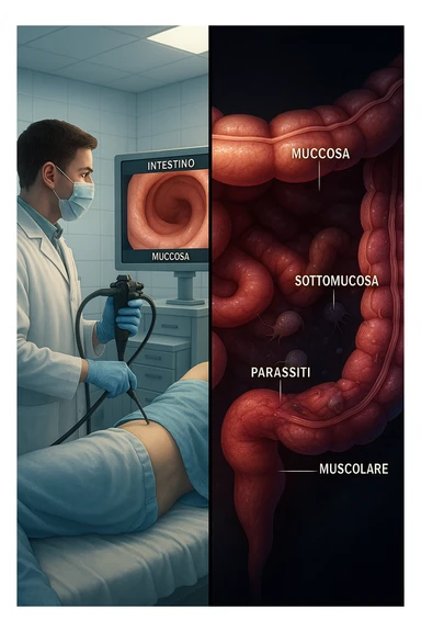 A split-screen medical illustration in cinematic style: on the left side, a doctor performing a colonoscopy on a patient in a sterile clinic, with the endoscopic camera displaying clean, healthy mucosal surfaces on a screen. On the right side, a symbolic cross-section of the same intestine — but shown in deeper layers beneath the surface, where parasitic organisms (small, translucent or shadowy figures) hide between folds and tissues not visible via standard scope. The contrast is clear: what is seen vs. what remains hidden. Lighting on the left is bright, sterile, clinical; lighting on the right is darker, with red and blue tones to suggest inflammation and invasion. Shot in hyper-realistic 3D medical style, educational but emotionally charged IN ITALIANO sticker