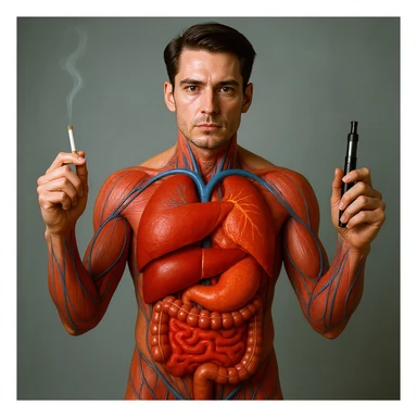 Hyperrealistic 4K vertical 9:16 medical illustration, realistic human anatomical body, inflamed liver and intestines highlighted, man holding a lit cigarette in the right hand and an electronic cigarette in the left, style identical to the reference image. sticker