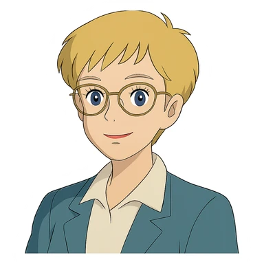ghibli style blonde teacher with pixie haircut, gold glasses, blue eyes, big eyelashes, nice smile sticker