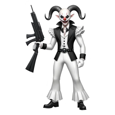 full-body muscular demonic clown in a black and white leisure suit with bellbottom pants, bald, with black ram horns, flashy black and white belt, ruffled white shirt, no neck tie, large fangs, holding a very large futuristic rifle sticker