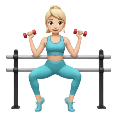 A cute 3D emoji of a fitness woman doing a plié squat at a ballet barre, holding a small dumbbell. She is sweating but smiling. Wearing leggings and a tank top. Soft pastel background, Apple emoji style. sticker