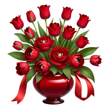 "A luxurious bouquet featuring deep red roses, vibrant red tulips, lush red peonies, and delicate red pansies, all tied together with elegant pearl-colored silk ribbons, arranged in a stunning crimson glass vase, set against a softly lit background."
 sticker