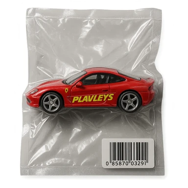 red Ferrari in Hot Wheels packaging, 'PLAVLEYS' written on the side in dynamic racing font, glossy, vacuum-sealed style sticker