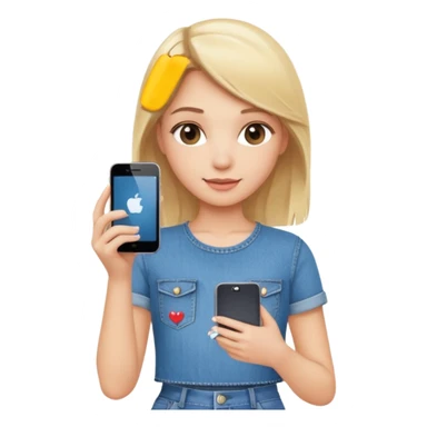 A blonde pretty girl wearing a denim skirt holding an iPhone 16 sticker