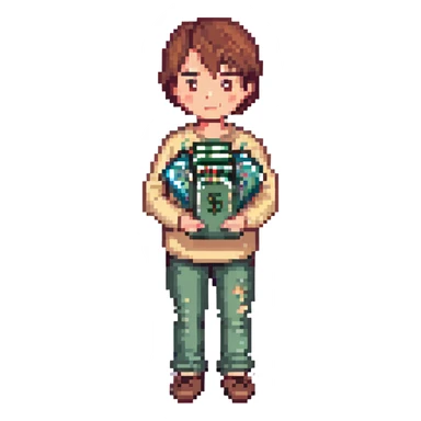 a boy holding money sticker