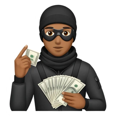 black man holding a money back with a ski mask sticker