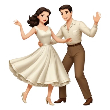 Beautiful woman in 1950’s woman fashion look, white dress, long dark brown hair, balboa couple dance  sticker