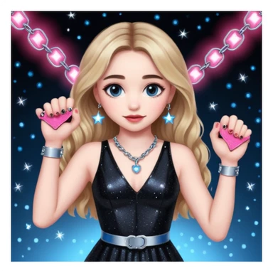 Sabrina carpenter at concert wearing a black sparkly dress with a silver sparkle v neck she is holding up pink handcuffs towards audience and kneeling, blue and red lights setting  sticker