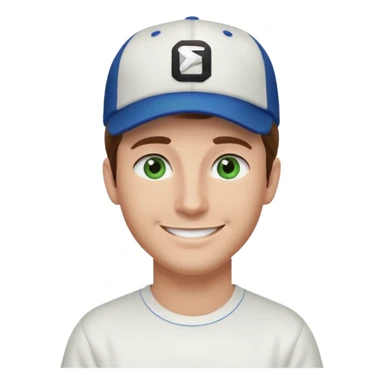Brown hair man white tshirt black baseball hat green/blue eyes sticker