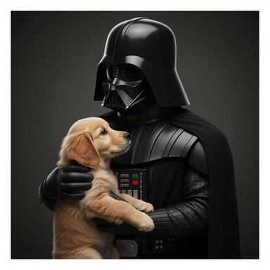Photo of a darth vader holding puppy golden retriver, low key light sticker