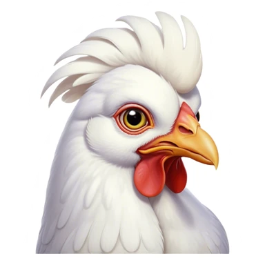 Cinematic Noble White Chicken Portrait Emoji, Poised and regal, with a compact, sturdy build and a pristine, well-groomed pure white plumage, deep-set soulful beady eyes, Simplified yet sharp and sophisticated features, highly detailed, glowing with a soft, dignified glow, high shine, intelligent and alert, stylized with an air of barnyard elegance, focused and attentive, soft glowing outline, capturing the essence of a watchful and confident fowl, so majestic it feels as though it could strut out of the screen with effortless authority! sticker