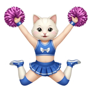 A chubby white kitten cheerleader in pastel uniform jumping in cheer pose. sticker
