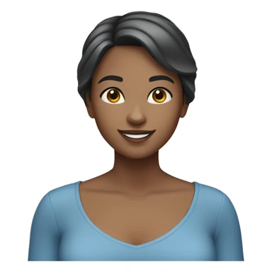 a girl with straight short dark brown hair, gray eyes, in a blue blouse is smiling sticker