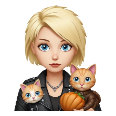 A blonde punk rocker woman with blue eyes with a thanksgiving turkey cat sticker