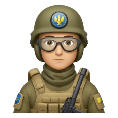 Ukrainian Intelligance agency warrior man in platecarrier with nato riffle in helmet, balaclava, poncho and ballistic glasses sticker
