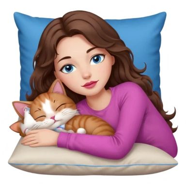 girl with long wavy brown hair, blue eyes, long lashes makeup, sexy pink lips, sleeping on a cozy pillow with 6 cats sticker